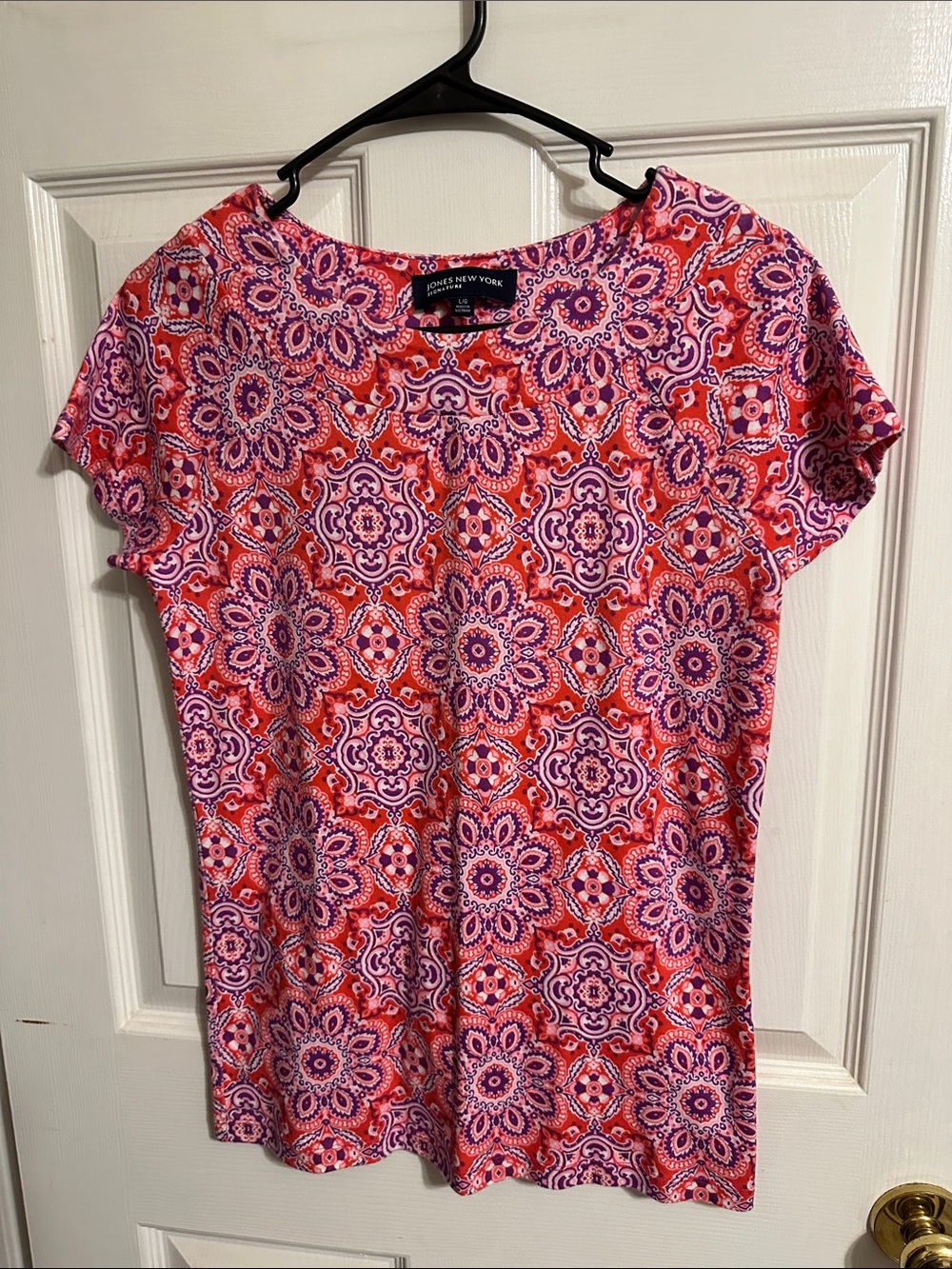 Jones New York Red, Purple and Pink Printed Short Sleeve Top